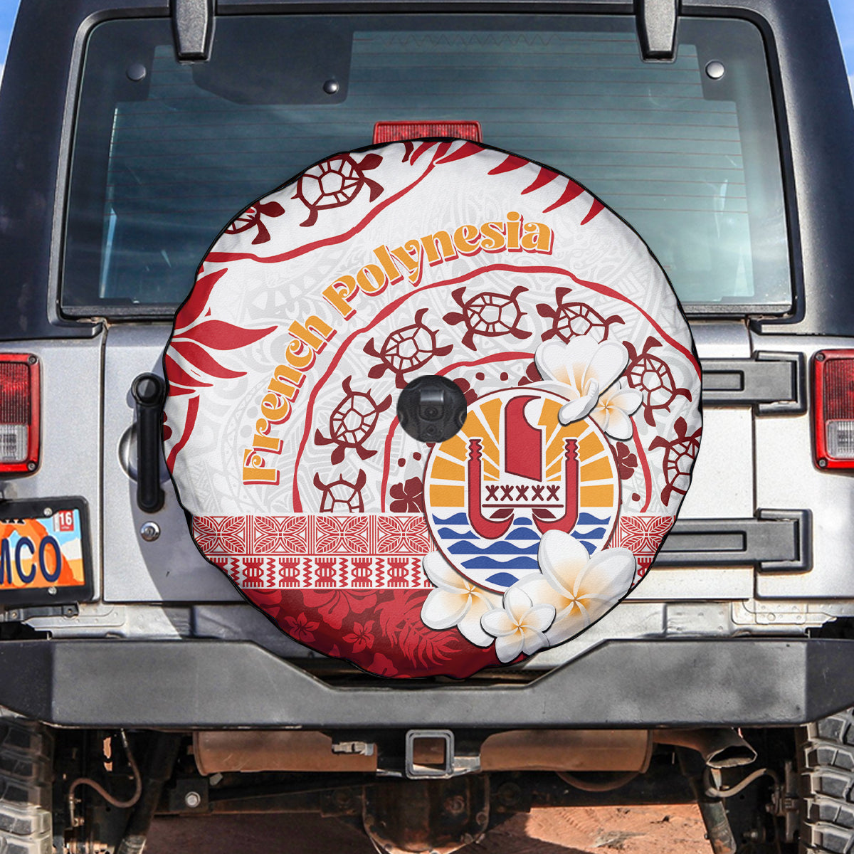 French Polynesia Internal Autonomy Day Spare Tire Cover Tropical Hibiscus And Turtle Pattern LT05 Red - Polynesian Pride