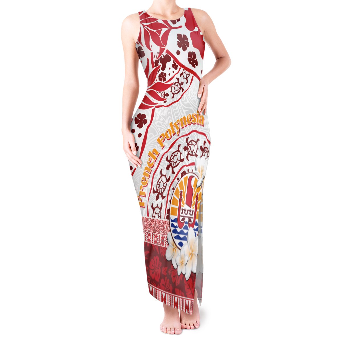 French Polynesia Internal Autonomy Day Tank Maxi Dress Tropical Hibiscus And Turtle Pattern LT05 Women Red - Polynesian Pride