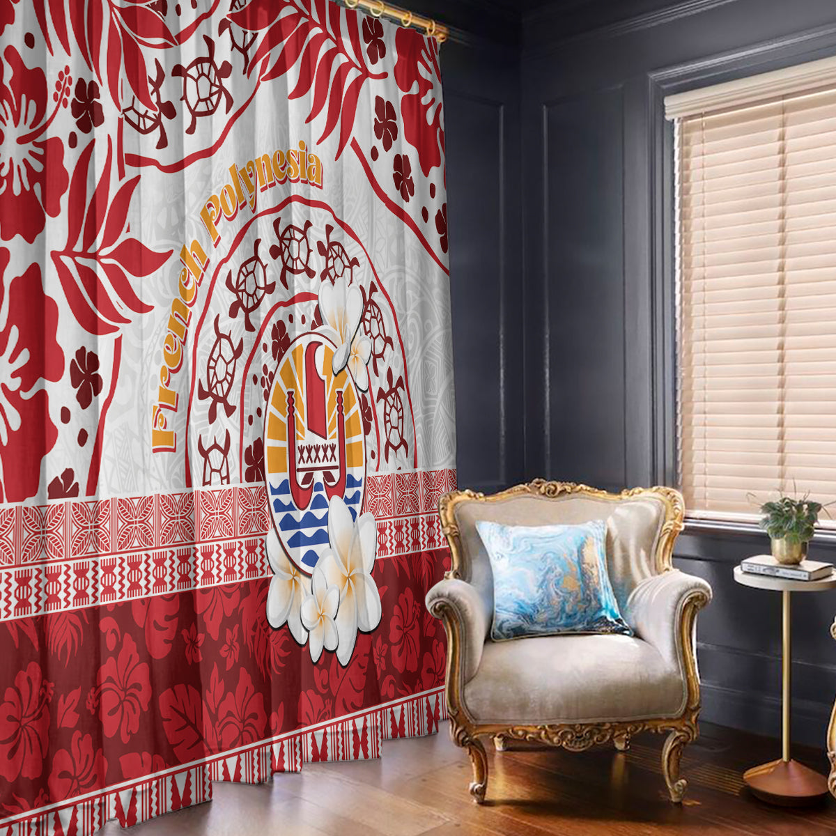 French Polynesia Internal Autonomy Day Window Curtain Tropical Hibiscus And Turtle Pattern LT05 - Polynesian Pride