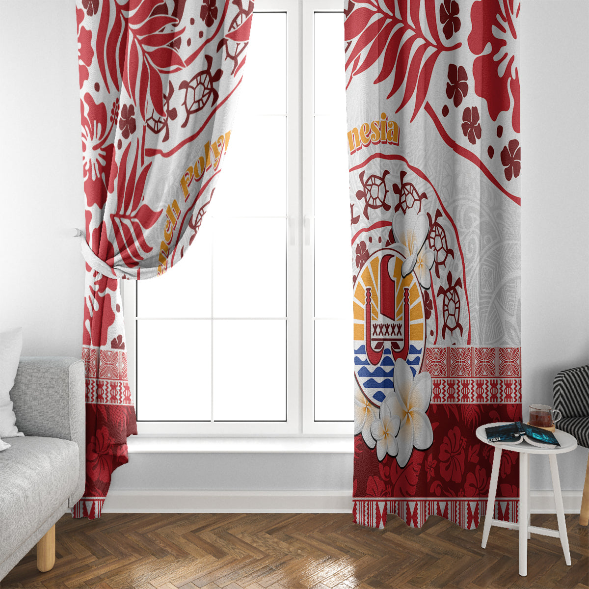 French Polynesia Internal Autonomy Day Window Curtain Tropical Hibiscus And Turtle Pattern LT05 - Polynesian Pride