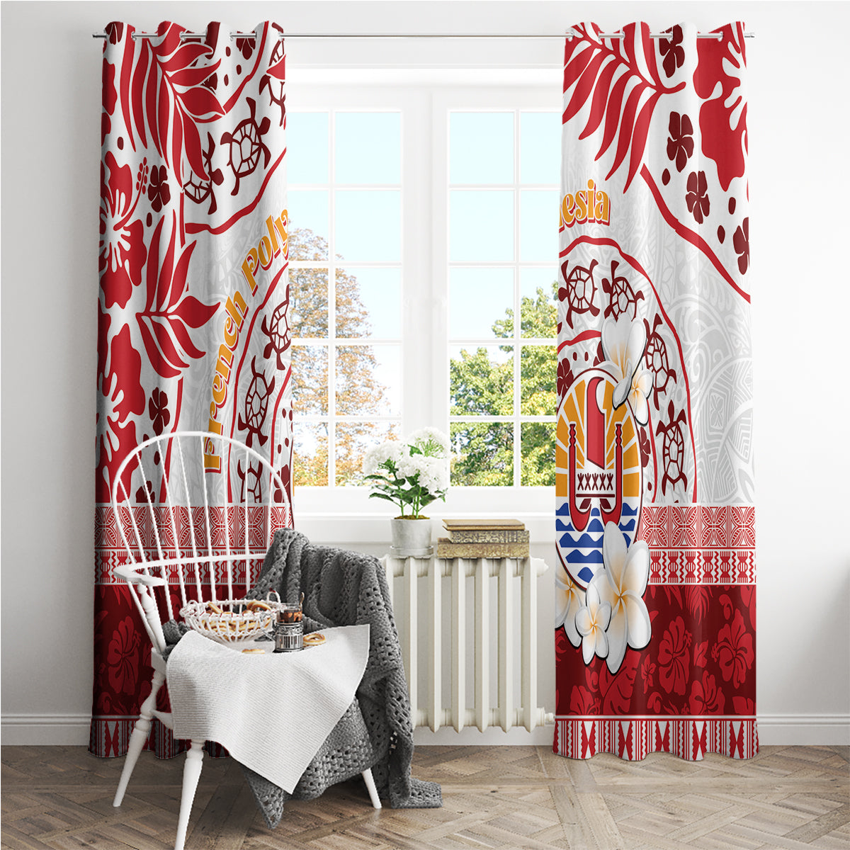 French Polynesia Internal Autonomy Day Window Curtain Tropical Hibiscus And Turtle Pattern LT05 - Polynesian Pride
