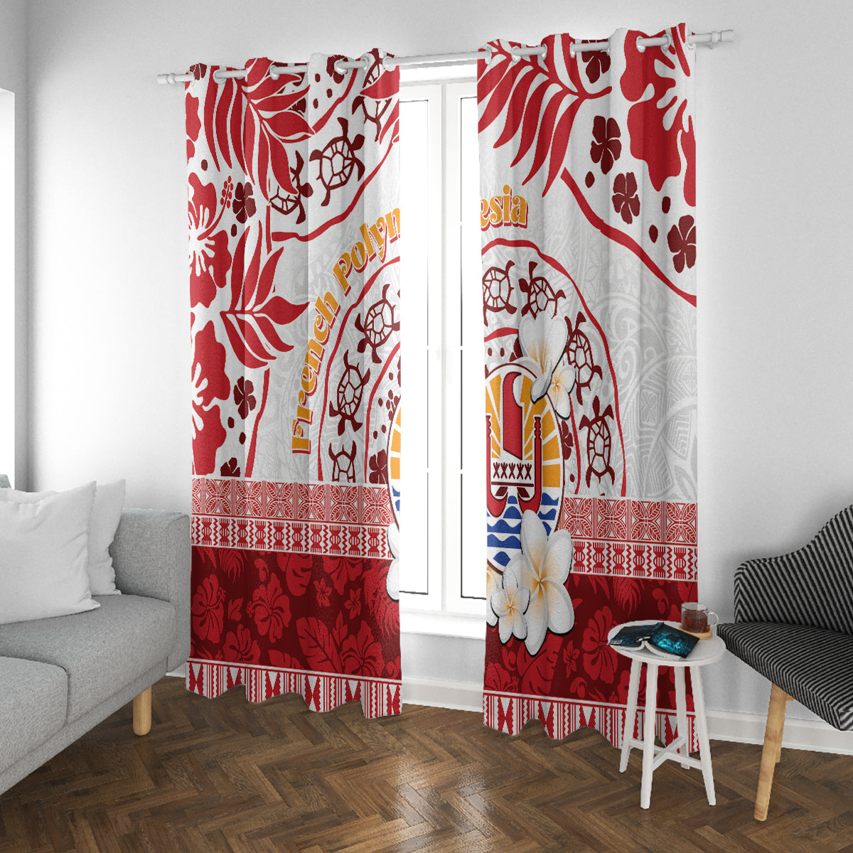 French Polynesia Internal Autonomy Day Window Curtain Tropical Hibiscus And Turtle Pattern LT05 With Grommets Red - Polynesian Pride