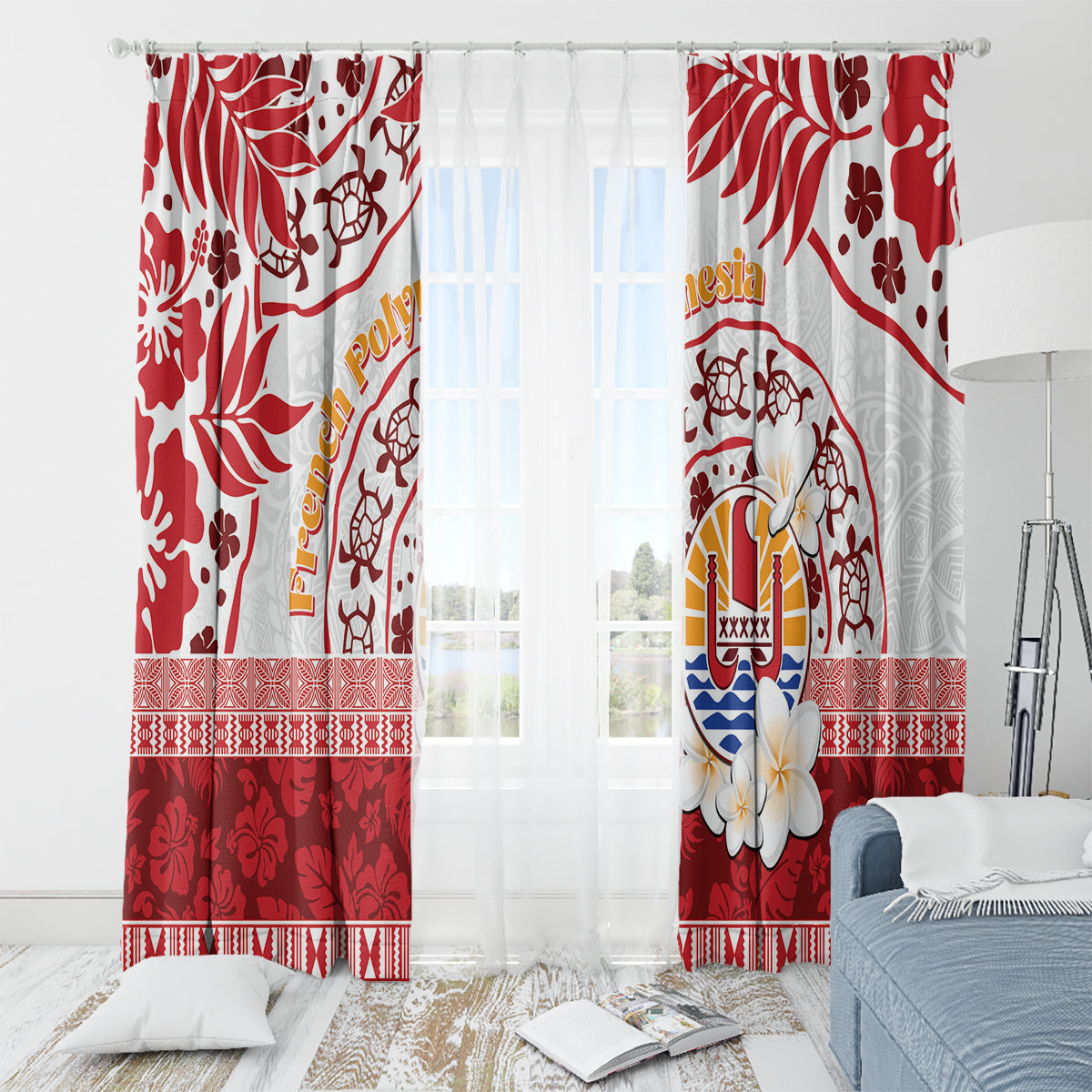 French Polynesia Internal Autonomy Day Window Curtain Tropical Hibiscus And Turtle Pattern LT05 - Polynesian Pride