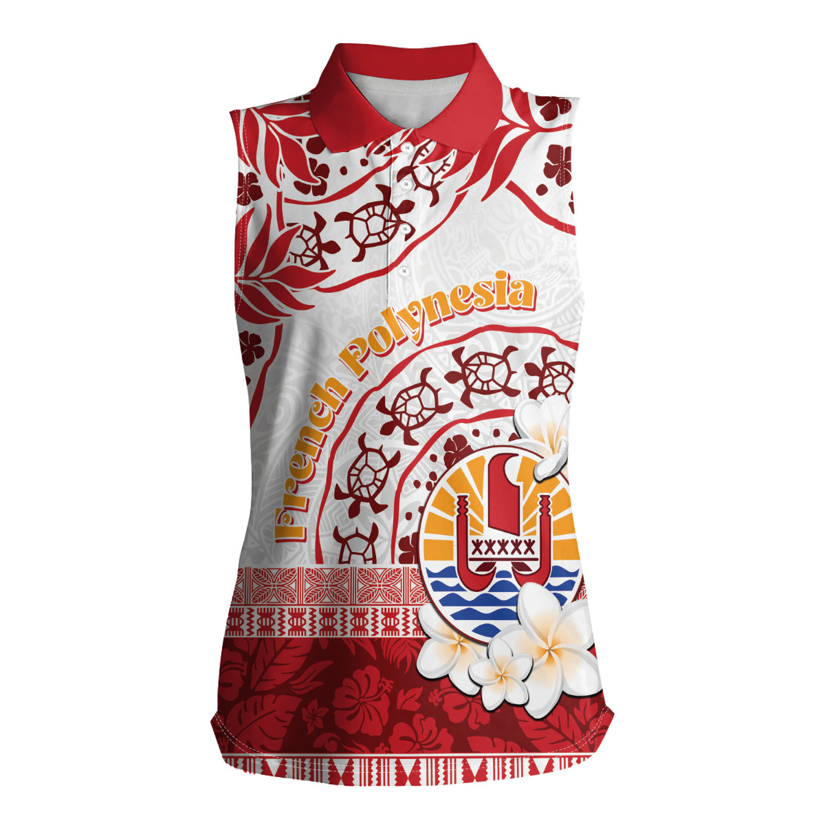 French Polynesia Internal Autonomy Day Women Sleeveless Polo Shirt Tropical Hibiscus And Turtle Pattern