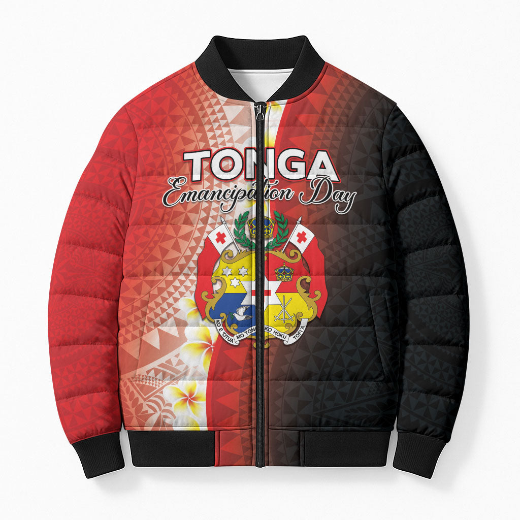Personalised Tonga Emancipation Day Bomber Puffer Jacket Tongan Ngatu Pattern With Plumeria LT05 Unisex Red - Polynesian Pride