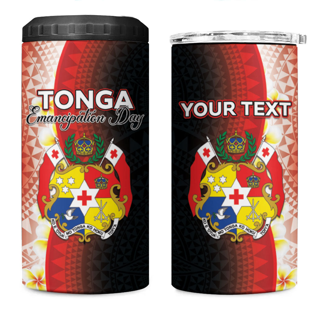 Personalised Tonga Emancipation Day 4 in 1 Can Cooler Tumbler Tongan Ngatu Pattern With Plumeria