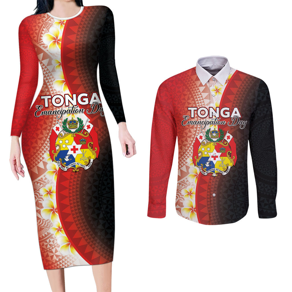 Personalised Tonga Emancipation Day Couples Matching Long Sleeve Bodycon Dress and Long Sleeve Button Shirt Tongan Ngatu Pattern With Plumeria