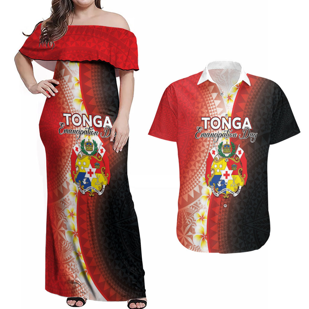 Personalised Tonga Emancipation Day Couples Matching Off Shoulder Maxi Dress and Hawaiian Shirt Tongan Ngatu Pattern With Plumeria