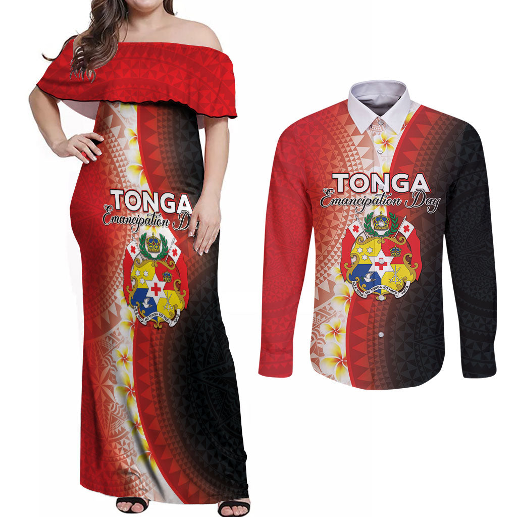 Personalised Tonga Emancipation Day Couples Matching Off Shoulder Maxi Dress and Long Sleeve Button Shirt Tongan Ngatu Pattern With Plumeria
