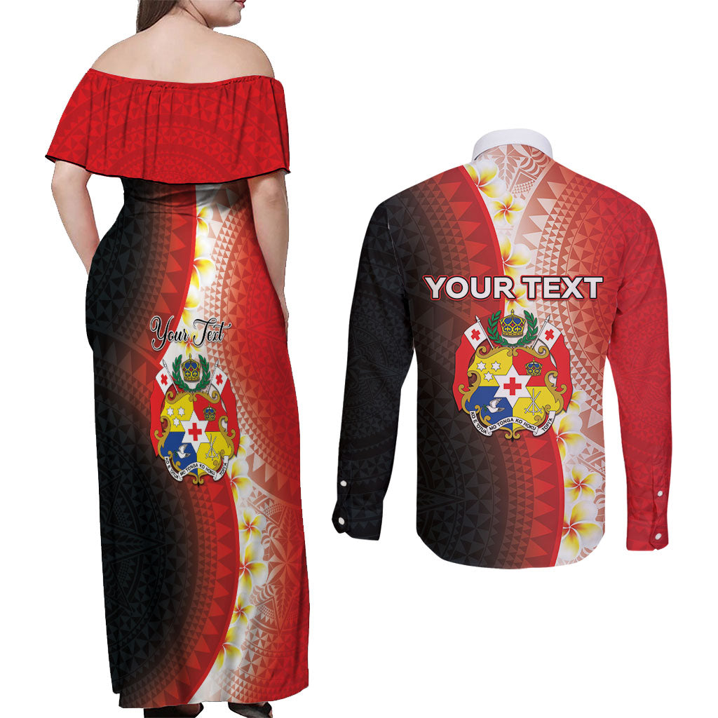 Personalised Tonga Emancipation Day Couples Matching Off Shoulder Maxi Dress and Long Sleeve Button Shirt Tongan Ngatu Pattern With Plumeria