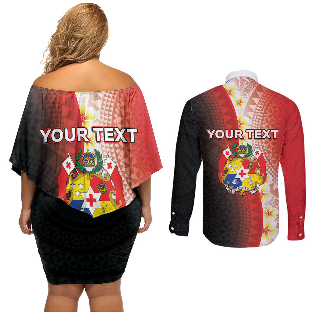 Personalised Tonga Emancipation Day Couples Matching Off Shoulder Short Dress and Long Sleeve Button Shirt Tongan Ngatu Pattern With Plumeria LT05 - Polynesian Pride