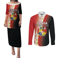 Personalised Tonga Emancipation Day Couples Matching Puletasi and Long Sleeve Button Shirt Tongan Ngatu Pattern With Plumeria LT05 Red - Polynesian Pride