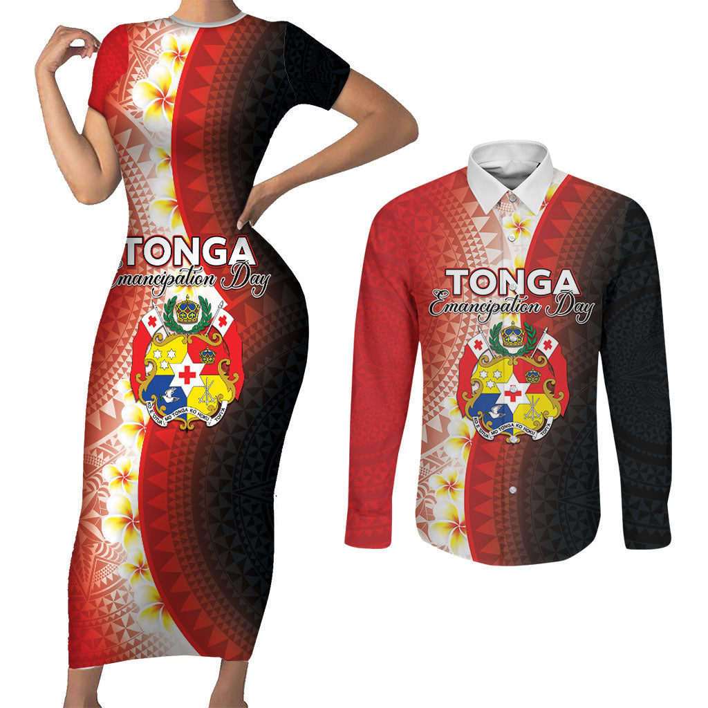 Personalised Tonga Emancipation Day Couples Matching Short Sleeve Bodycon Dress and Long Sleeve Button Shirt Tongan Ngatu Pattern With Plumeria