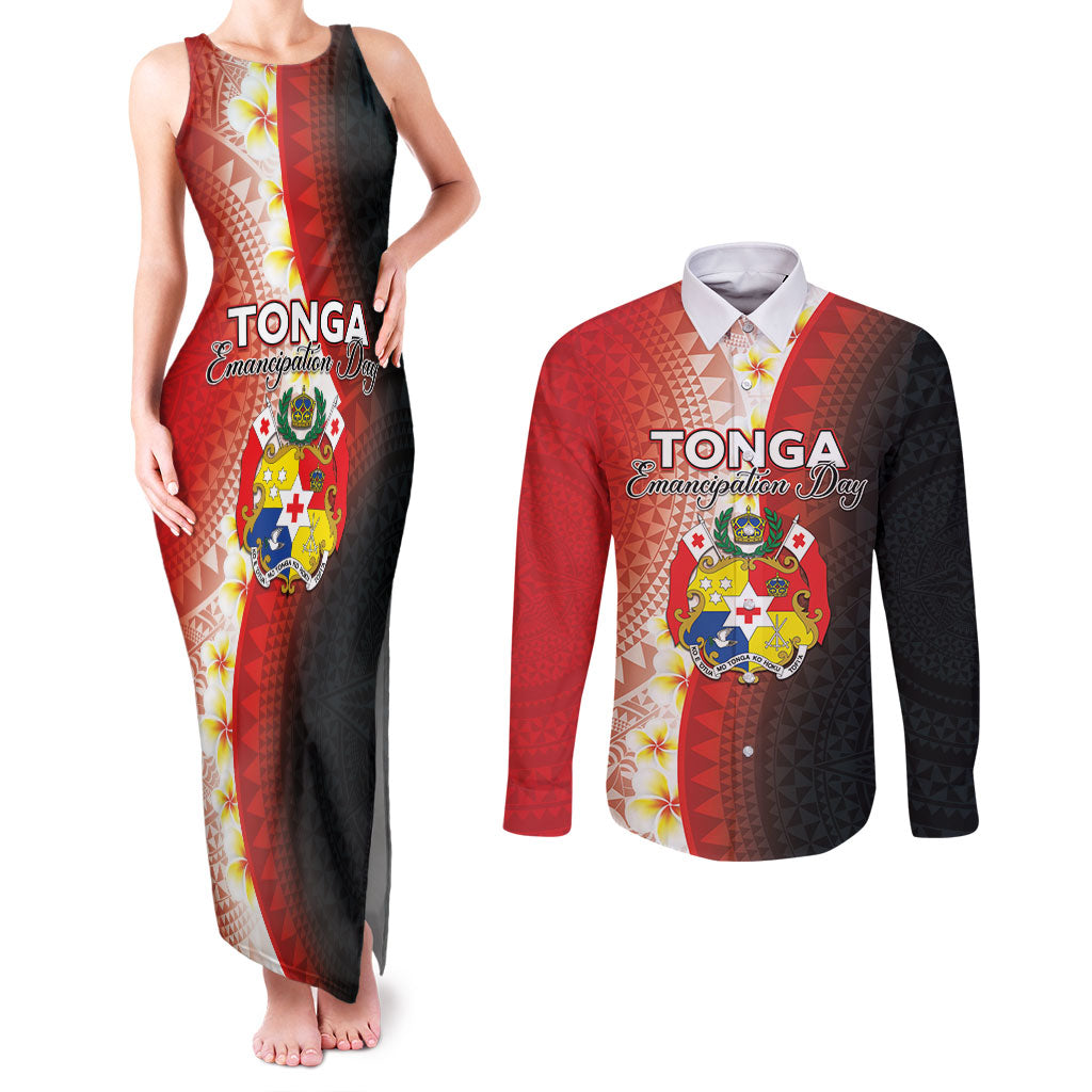 Personalised Tonga Emancipation Day Couples Matching Tank Maxi Dress and Long Sleeve Button Shirt Tongan Ngatu Pattern With Plumeria