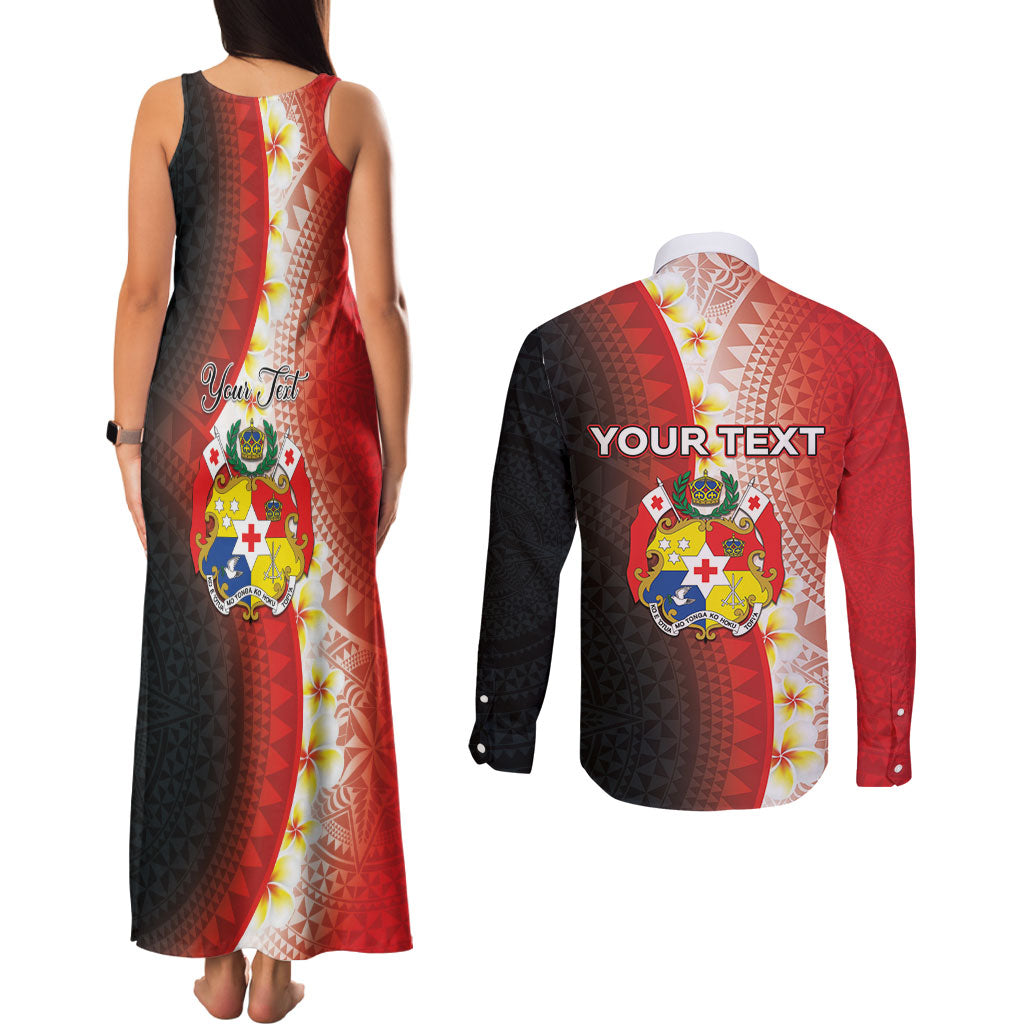 Personalised Tonga Emancipation Day Couples Matching Tank Maxi Dress and Long Sleeve Button Shirt Tongan Ngatu Pattern With Plumeria