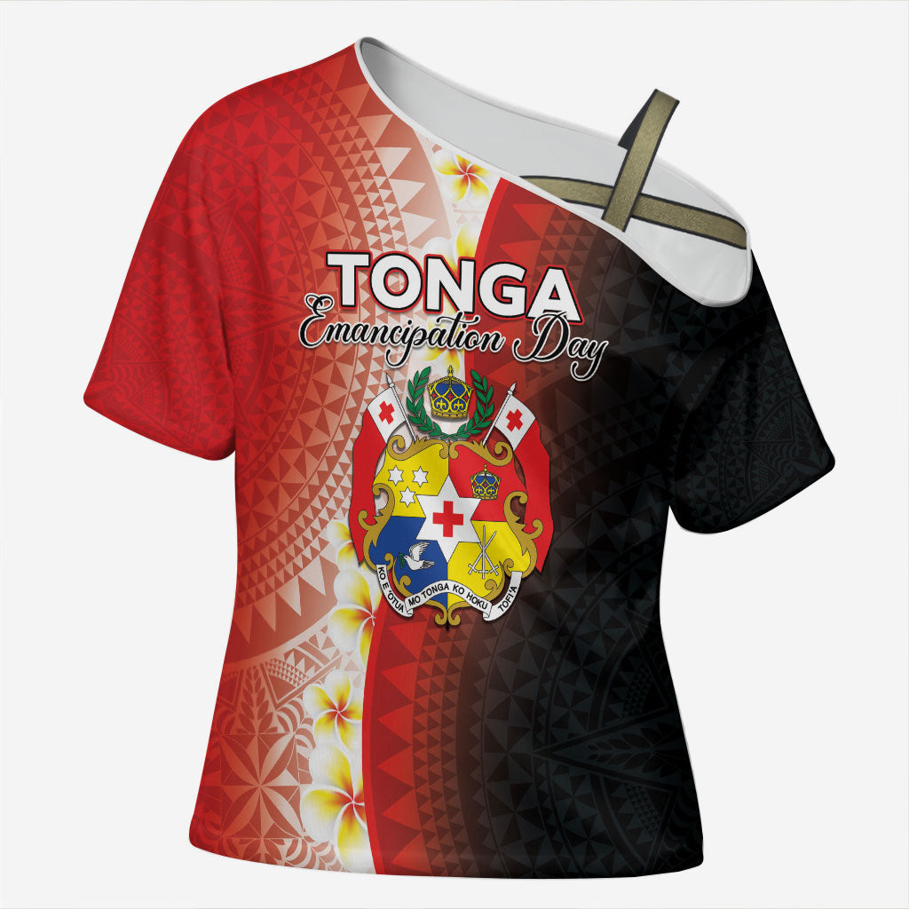 Personalised Tonga Emancipation Day Cross Shoulder Shirt Tongan Ngatu Pattern With Plumeria
