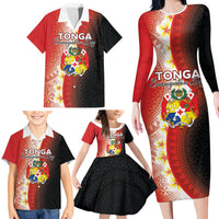 Personalised Tonga Emancipation Day Family Matching Long Sleeve Bodycon Dress and Hawaiian Shirt Tongan Ngatu Pattern With Plumeria
