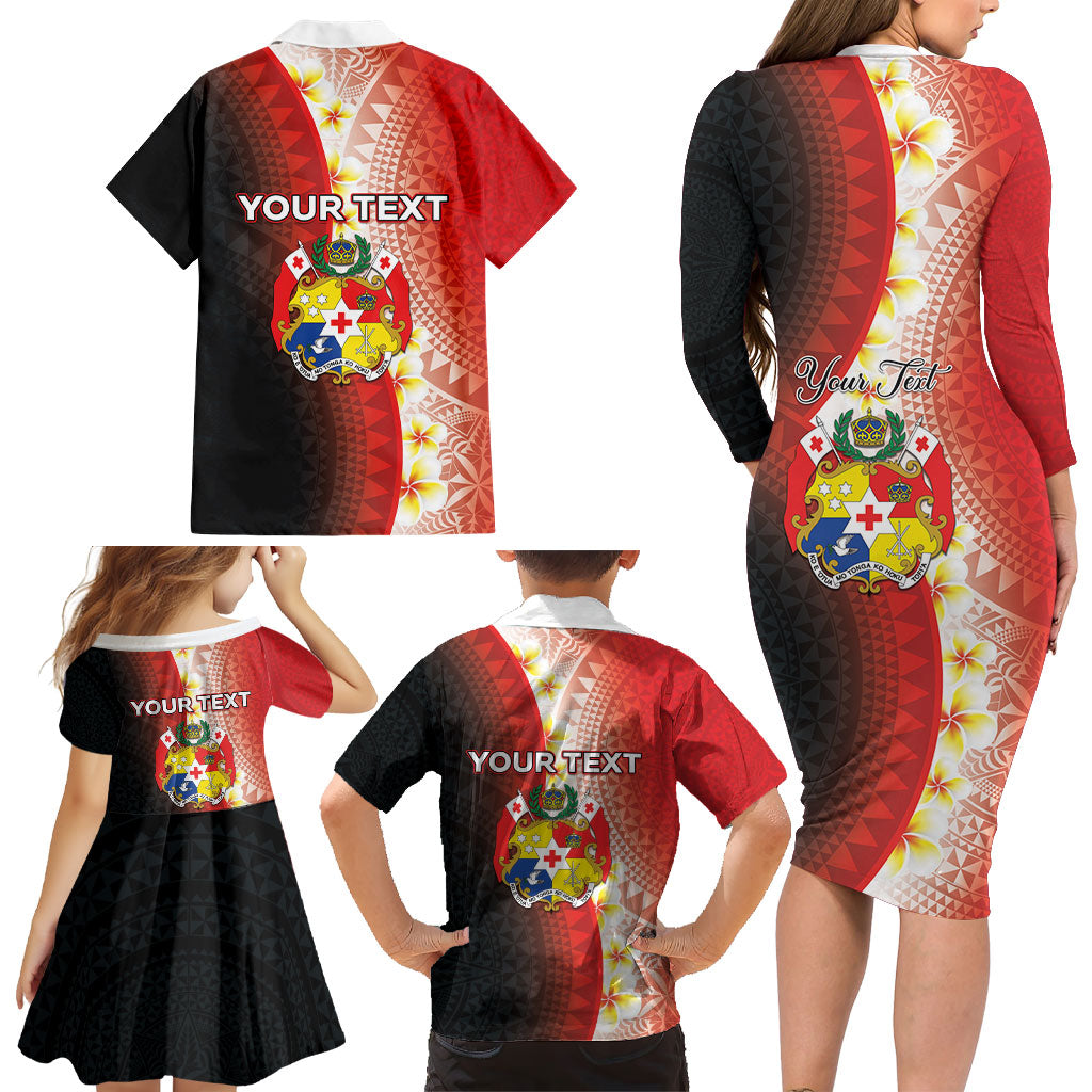Personalised Tonga Emancipation Day Family Matching Long Sleeve Bodycon Dress and Hawaiian Shirt Tongan Ngatu Pattern With Plumeria