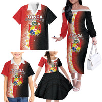 Personalised Tonga Emancipation Day Family Matching Off The Shoulder Long Sleeve Dress and Hawaiian Shirt Tongan Ngatu Pattern With Plumeria