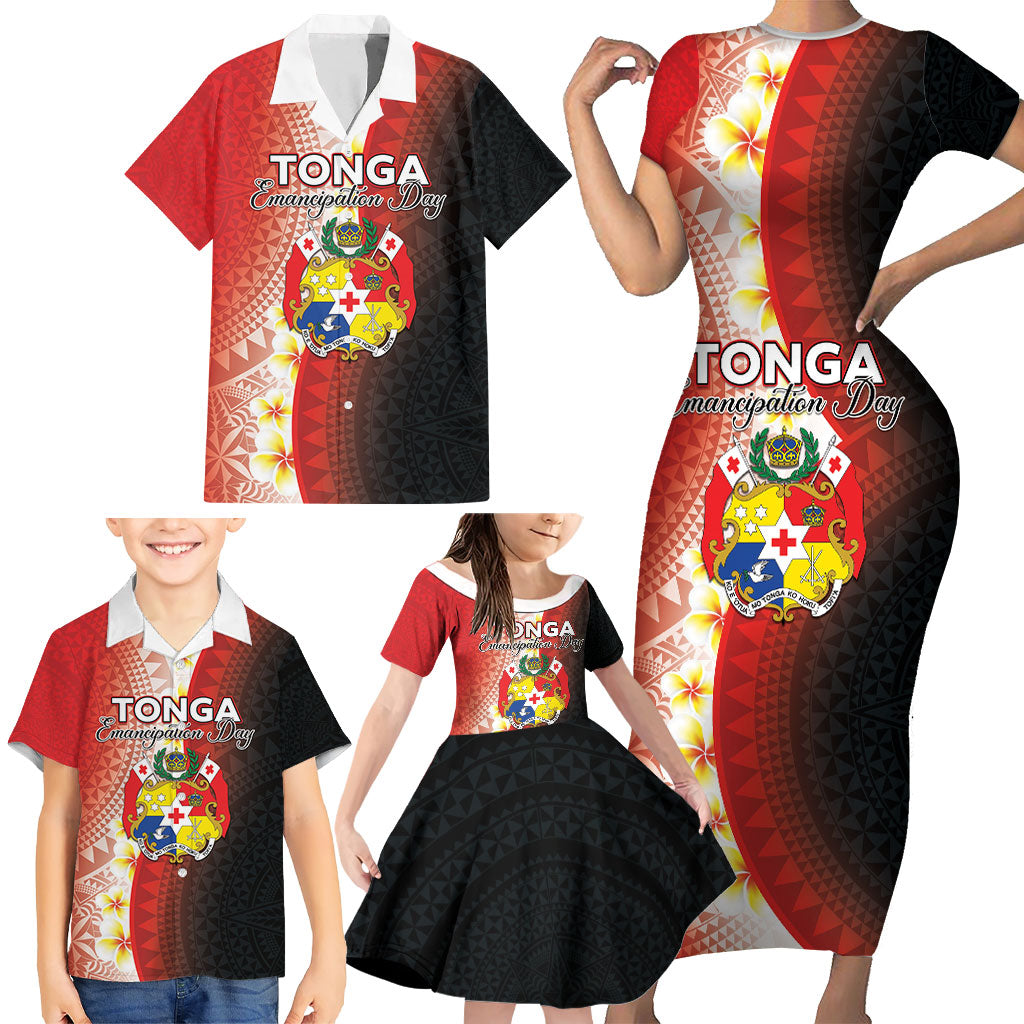 Personalised Tonga Emancipation Day Family Matching Short Sleeve Bodycon Dress and Hawaiian Shirt Tongan Ngatu Pattern With Plumeria