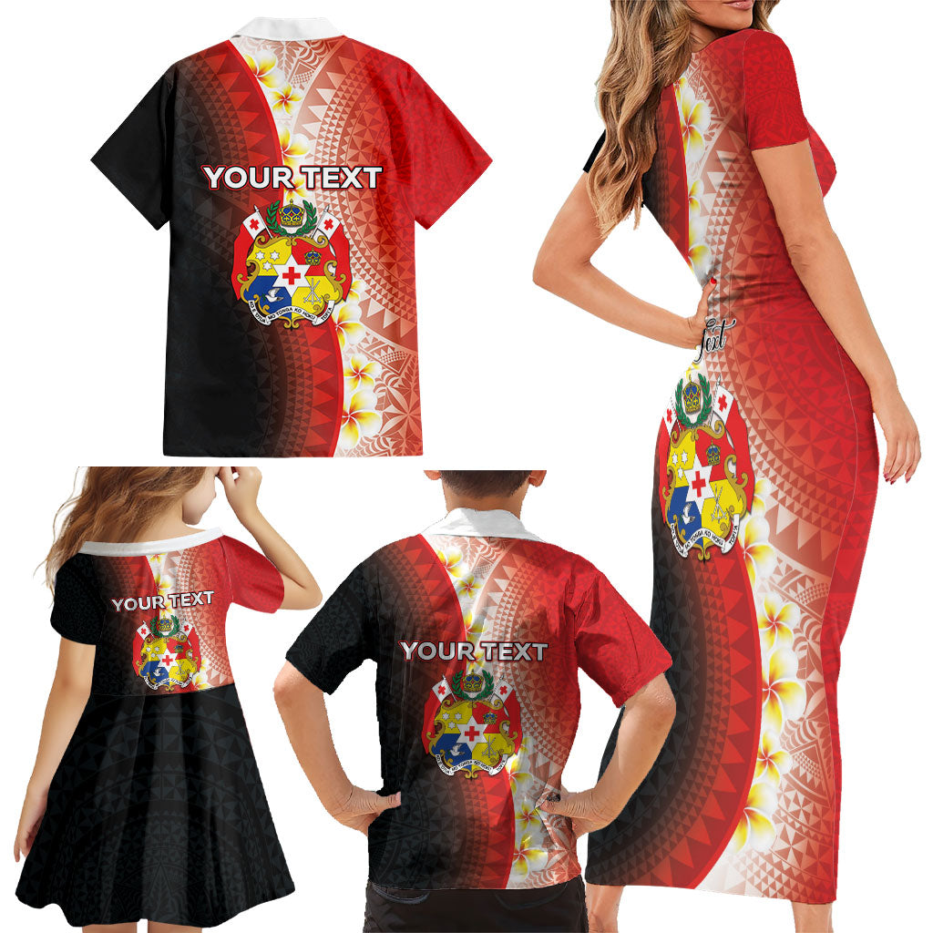 Personalised Tonga Emancipation Day Family Matching Short Sleeve Bodycon Dress and Hawaiian Shirt Tongan Ngatu Pattern With Plumeria