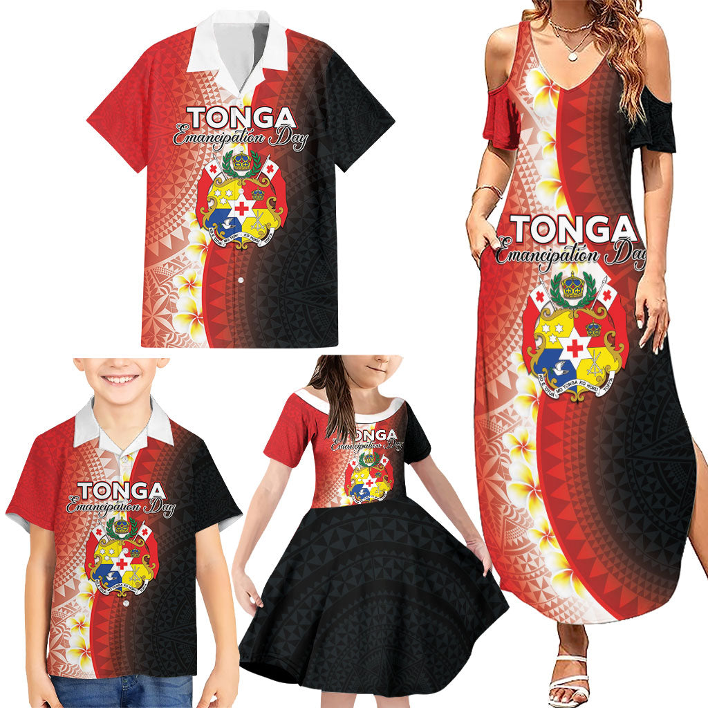 Personalised Tonga Emancipation Day Family Matching Summer Maxi Dress and Hawaiian Shirt Tongan Ngatu Pattern With Plumeria