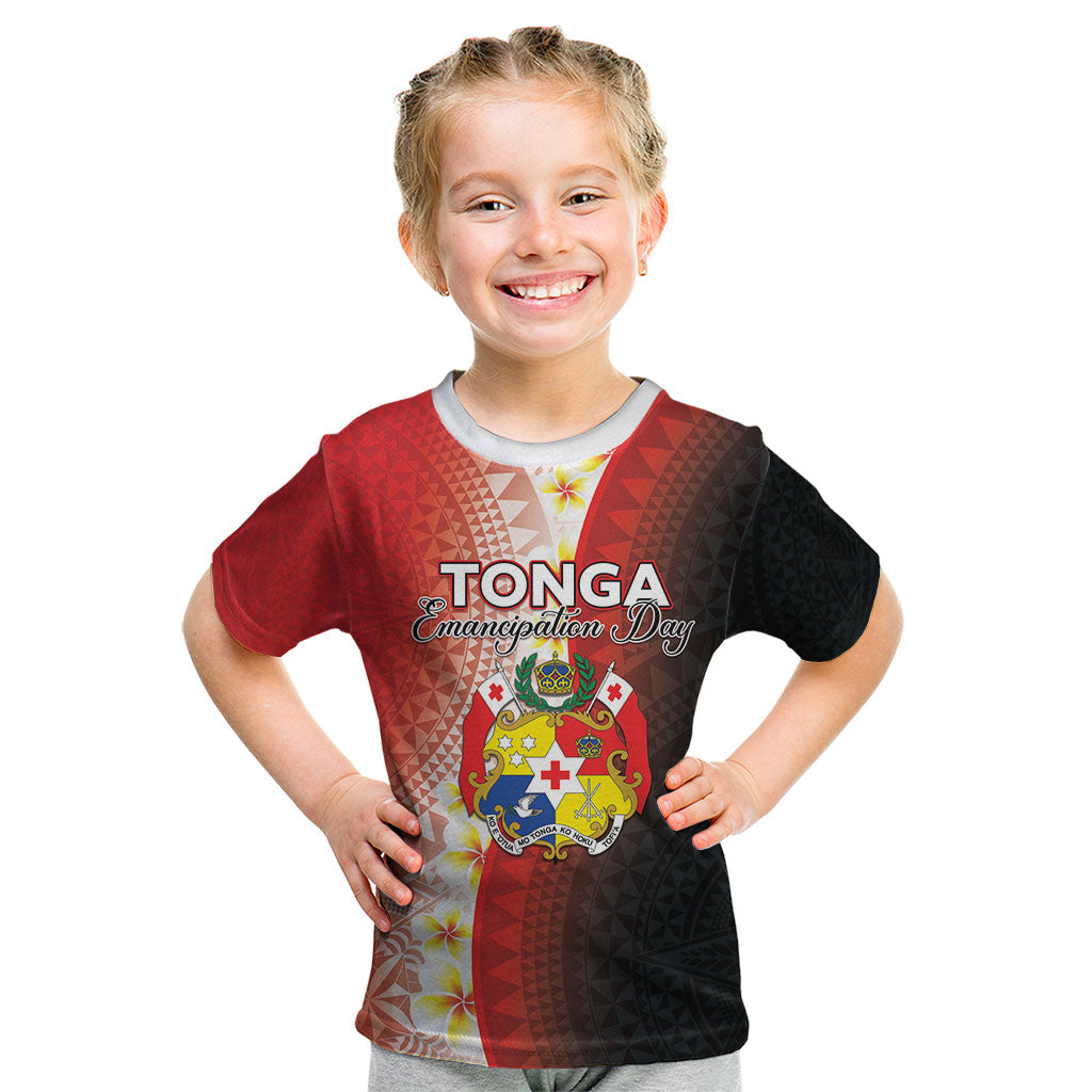 Personalised Tonga Emancipation Day Kid T Shirt Tongan Ngatu Pattern With Plumeria LT05 Red - Polynesian Pride