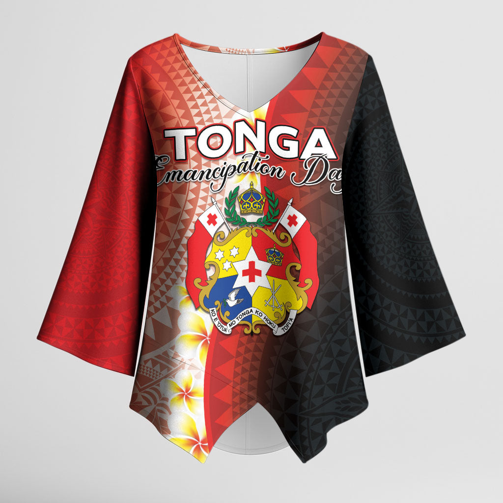 Personalised Tonga Emancipation Day Kimono Sleeve Blouse Tongan Ngatu Pattern With Plumeria
