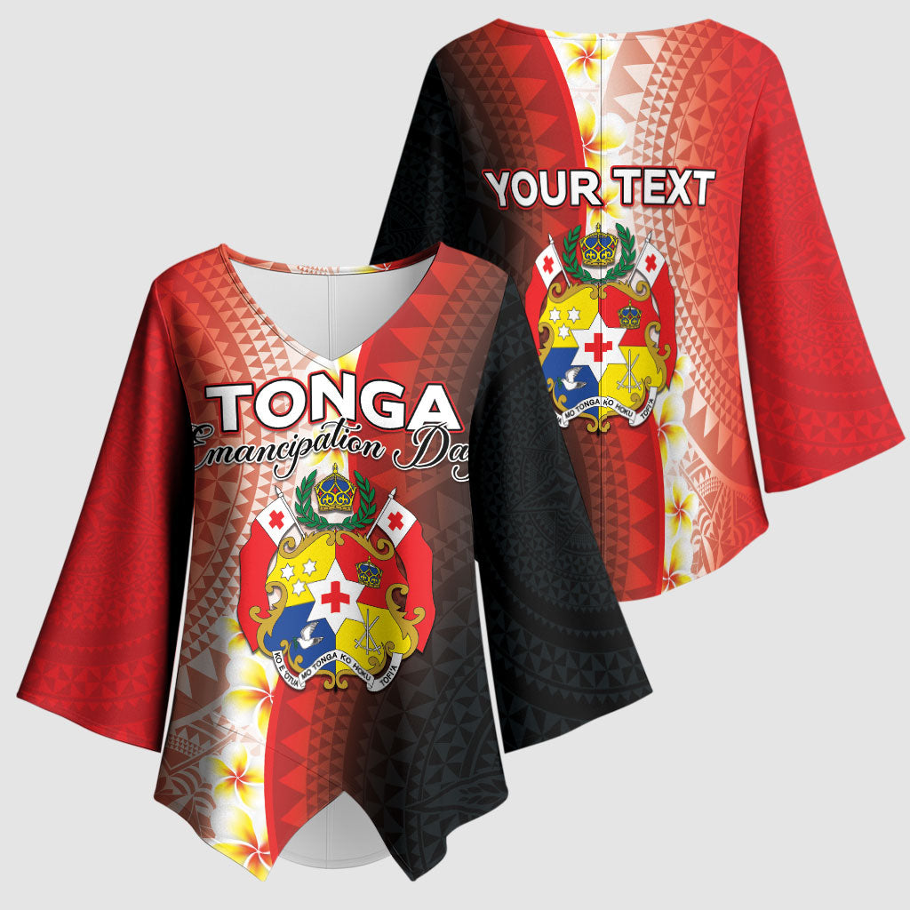 Personalised Tonga Emancipation Day Kimono Sleeve Blouse Tongan Ngatu Pattern With Plumeria LT05 - Polynesian Pride