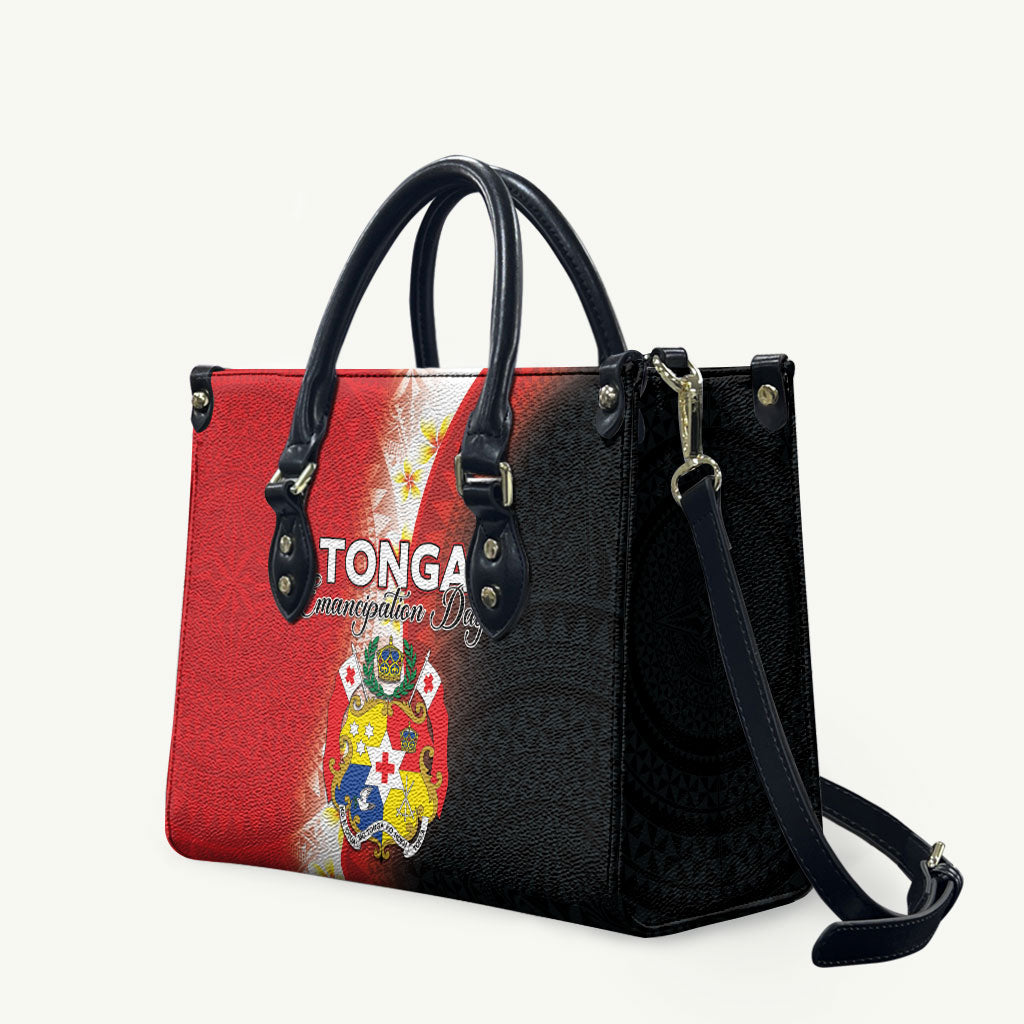 Tonga Emancipation Day Leather Bag Tongan Ngatu Pattern With Plumeria