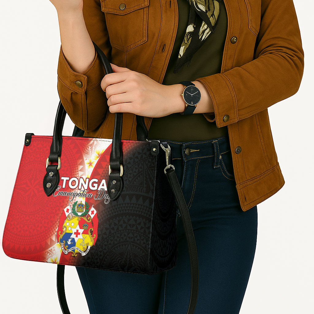 Tonga Emancipation Day Leather Bag Tongan Ngatu Pattern With Plumeria LT05 - Polynesian Pride
