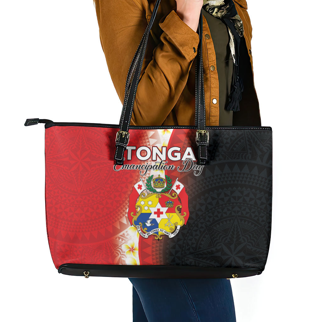 Tonga Emancipation Day Leather Tote Bag Tongan Ngatu Pattern With Plumeria