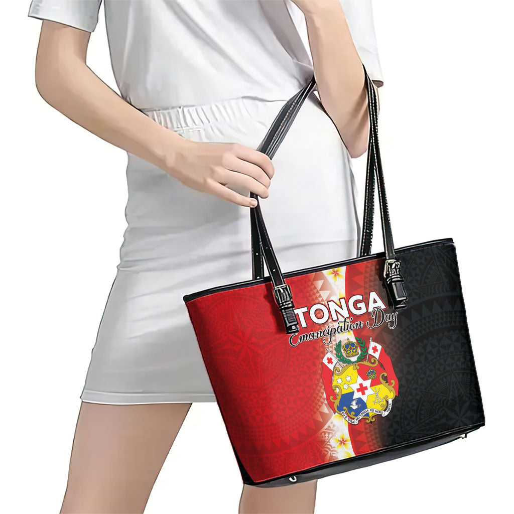 Tonga Emancipation Day Leather Tote Bag Tongan Ngatu Pattern With Plumeria