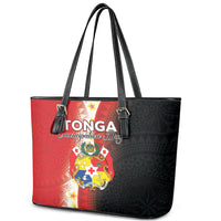 Tonga Emancipation Day Leather Tote Bag Tongan Ngatu Pattern With Plumeria