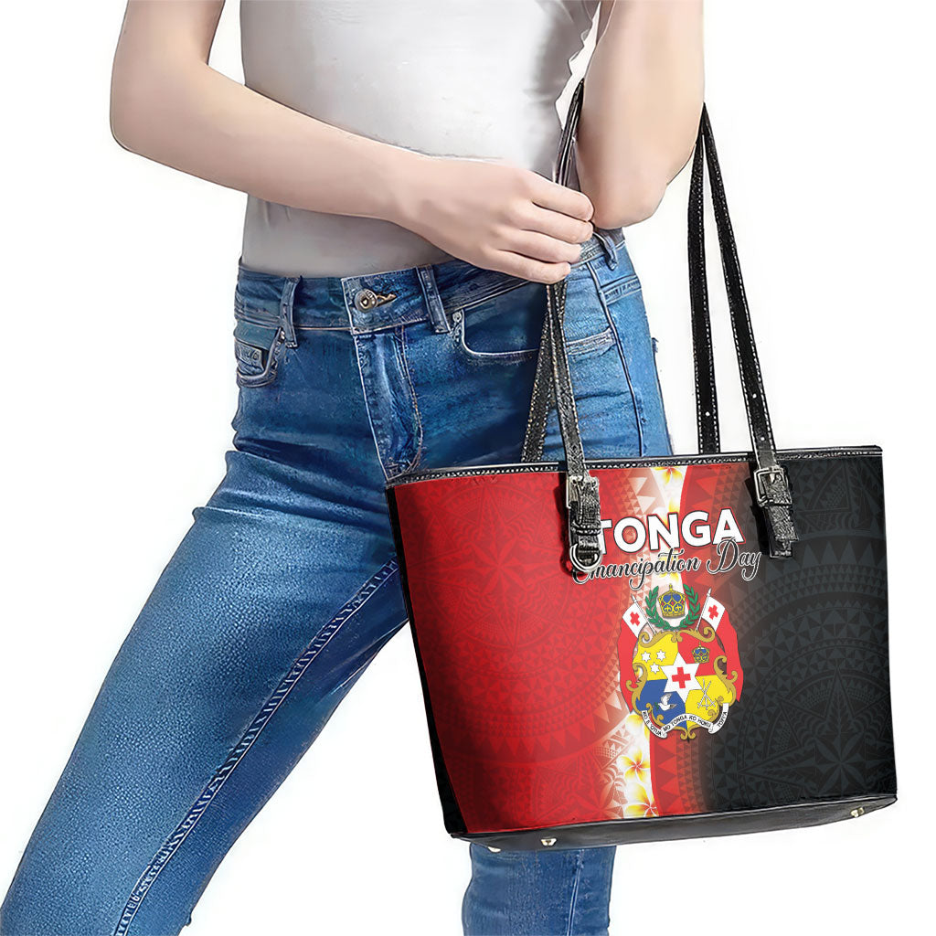 Tonga Emancipation Day Leather Tote Bag Tongan Ngatu Pattern With Plumeria