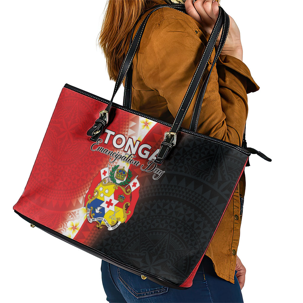 Tonga Emancipation Day Leather Tote Bag Tongan Ngatu Pattern With Plumeria