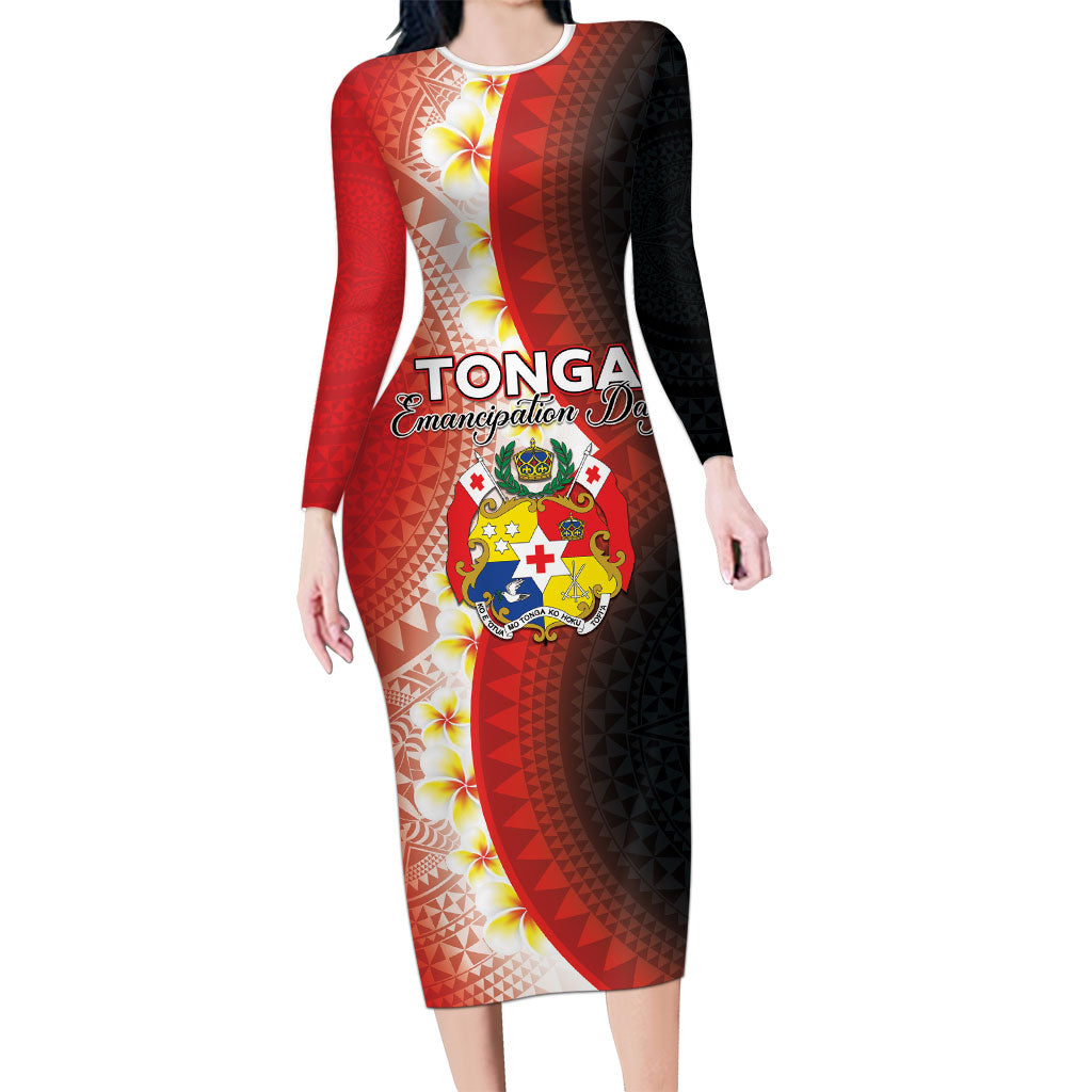 Personalised Tonga Emancipation Day Long Sleeve Bodycon Dress Tongan Ngatu Pattern With Plumeria LT05 Long Dress Red - Polynesian Pride