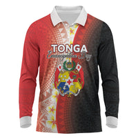 Personalised Tonga Emancipation Day Long Sleeve Polo Shirt Tongan Ngatu Pattern With Plumeria LT05 Red - Polynesian Pride