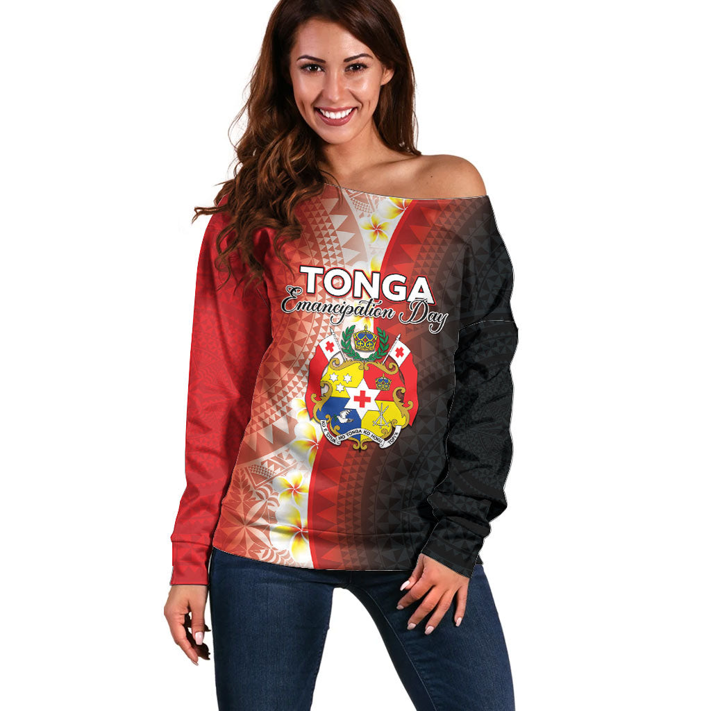 Personalised Tonga Emancipation Day Off Shoulder Sweater Tongan Ngatu Pattern With Plumeria