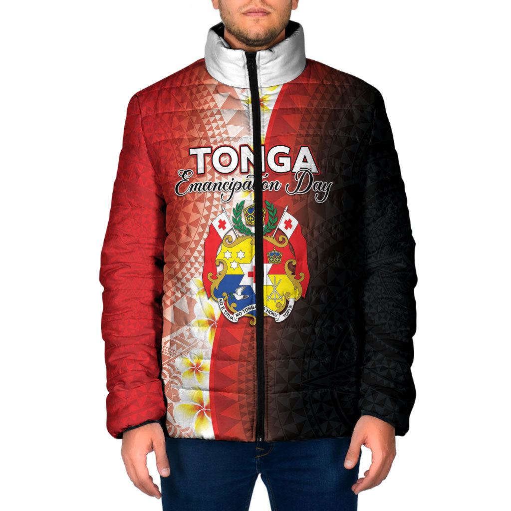 Personalised Tonga Emancipation Day Padded Jacket Tongan Ngatu Pattern With Plumeria