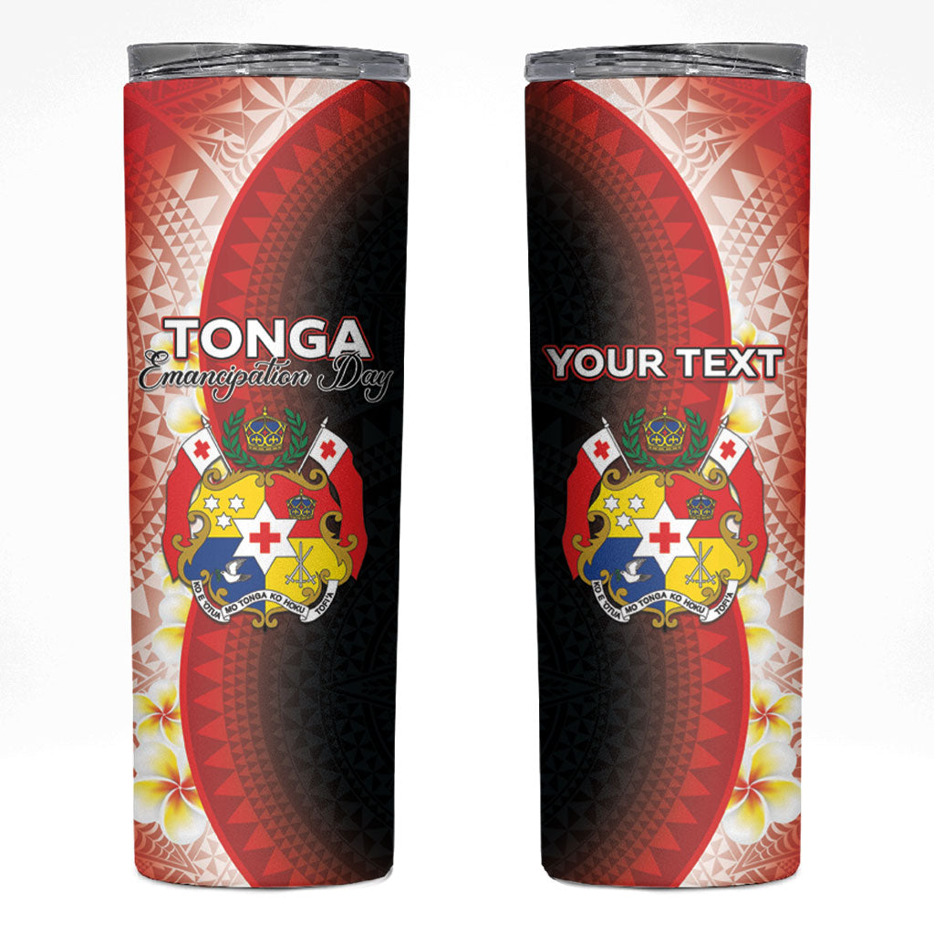 Personalised Tonga Emancipation Day Skinny Tumbler Tongan Ngatu Pattern With Plumeria