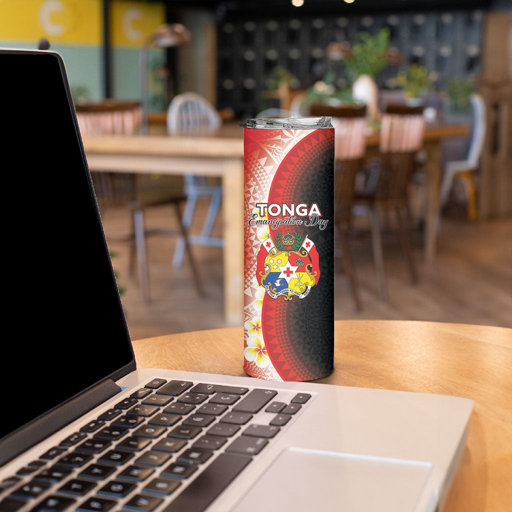 Personalised Tonga Emancipation Day Skinny Tumbler Tongan Ngatu Pattern With Plumeria LT05 - Polynesian Pride