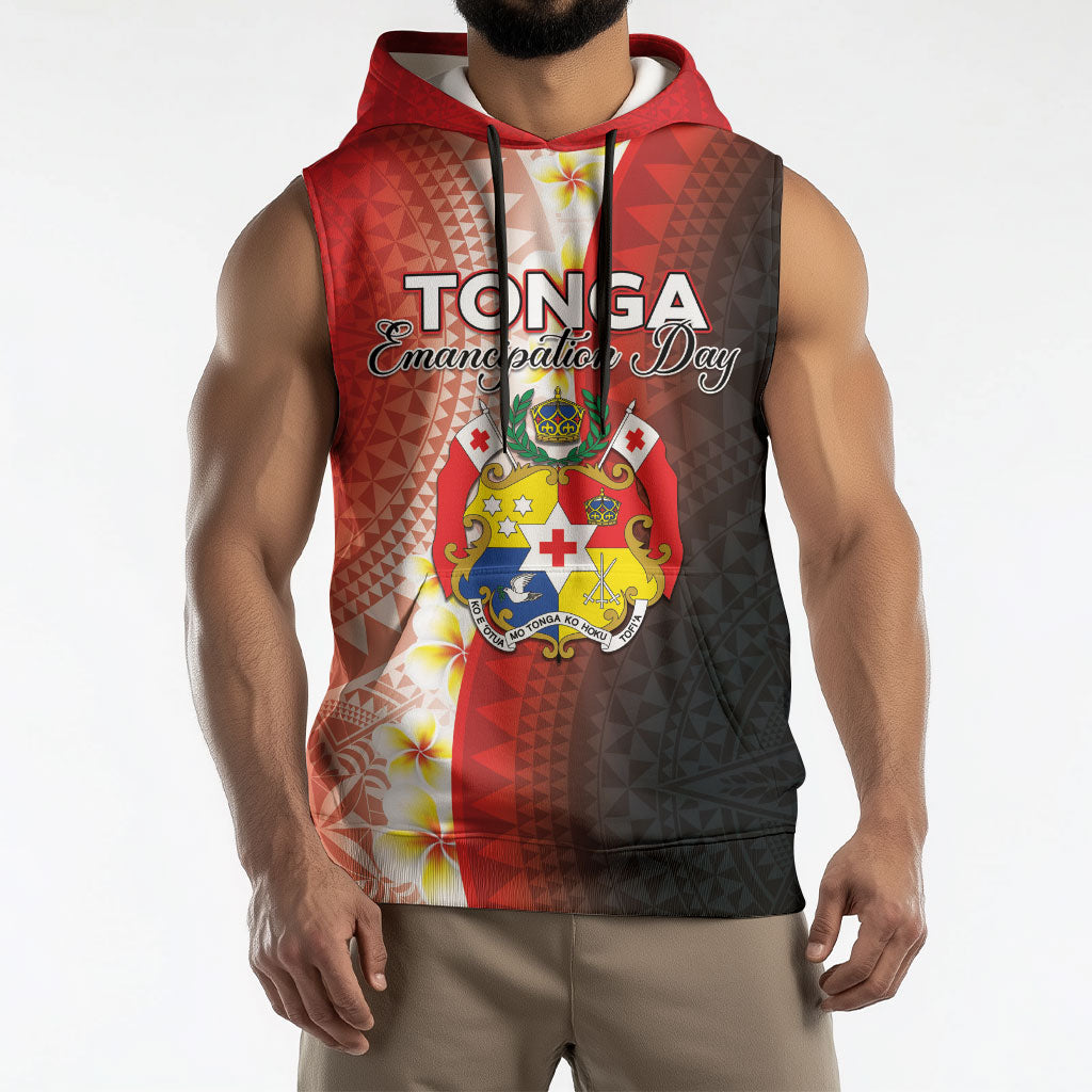 Personalised Tonga Emancipation Day Sleeveless Hoodie Tongan Ngatu Pattern With Plumeria LT05 - Polynesian Pride