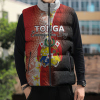 Personalised Tonga Emancipation Day Sleeveless Puffer Jacket Tongan Ngatu Pattern With Plumeria LT05 - Polynesian Pride
