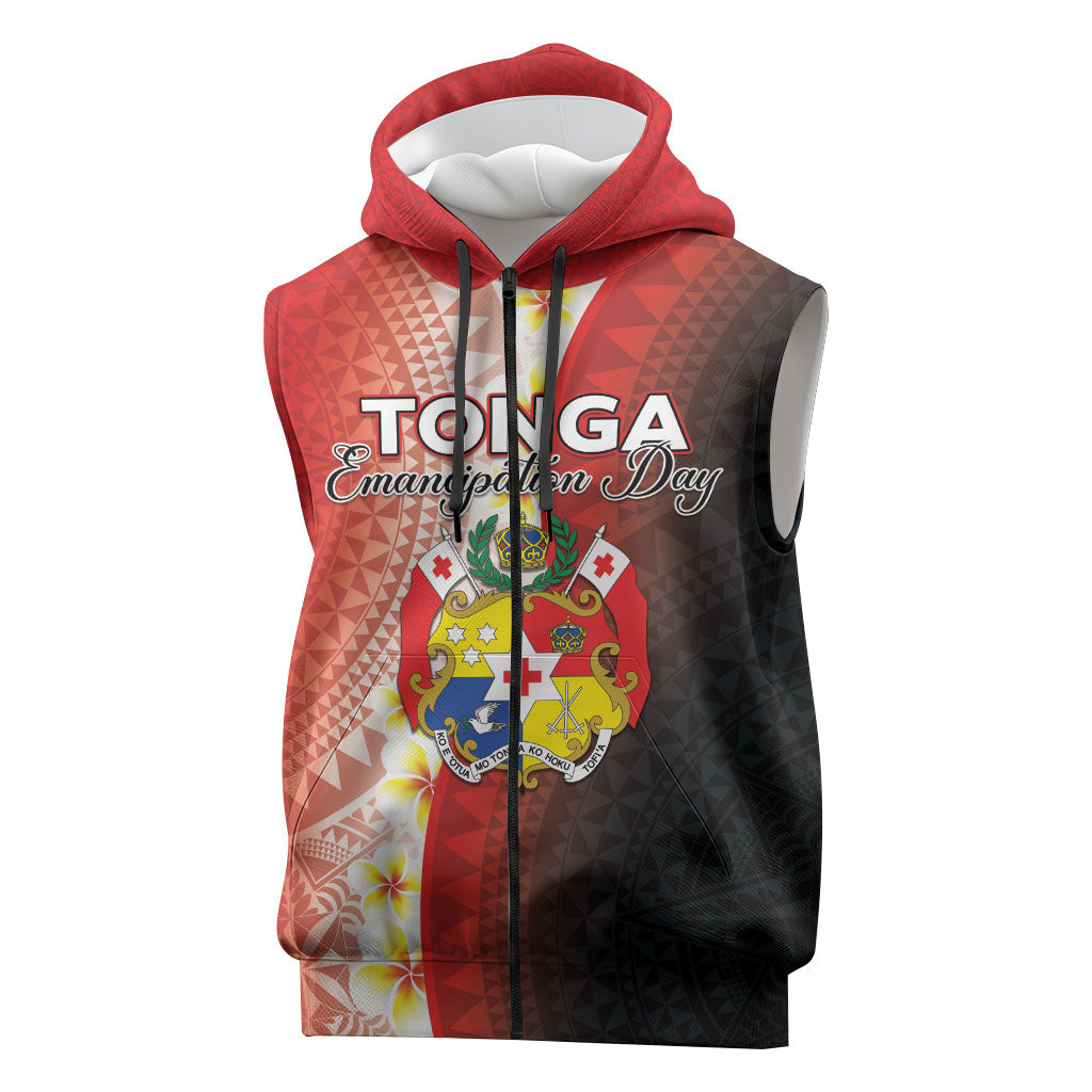 Personalised Tonga Emancipation Day Sleeveless Zip Hoodie Tongan Ngatu Pattern With Plumeria