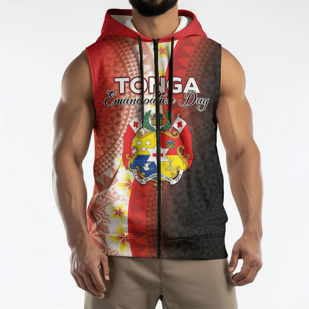 Personalised Tonga Emancipation Day Sleeveless Zip Hoodie Tongan Ngatu Pattern With Plumeria