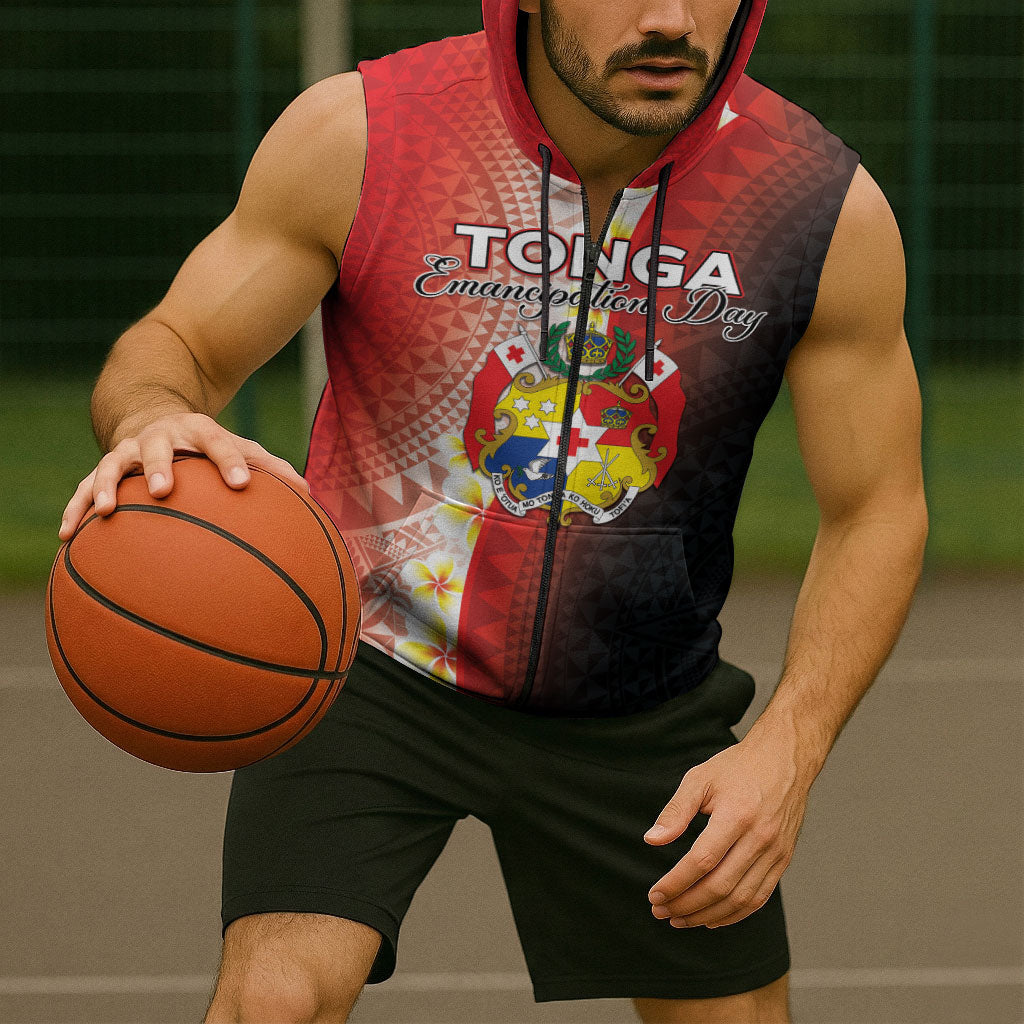 Personalised Tonga Emancipation Day Sleeveless Zip Hoodie Tongan Ngatu Pattern With Plumeria