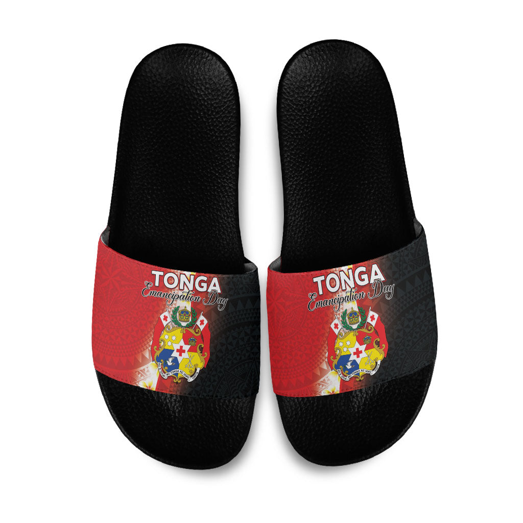 Tonga Emancipation Day Slide Sandals Tongan Ngatu Pattern With Plumeria