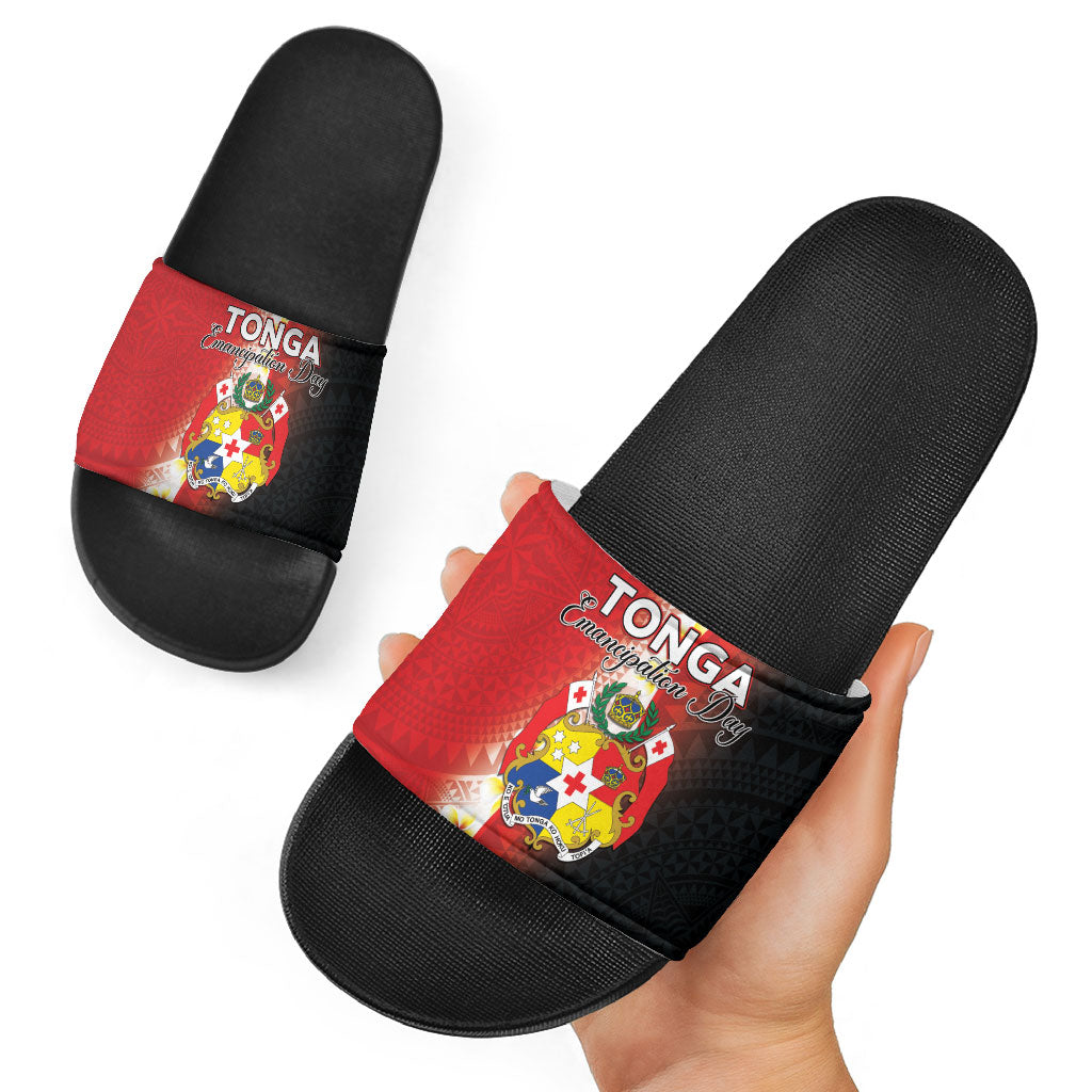 Tonga Emancipation Day Slide Sandals Tongan Ngatu Pattern With Plumeria LT05 - Polynesian Pride