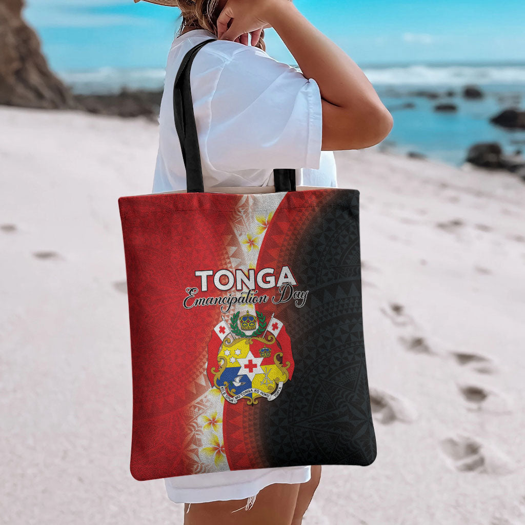 Tonga Emancipation Day Tote Bag Tongan Ngatu Pattern With Plumeria LT05 - Polynesian Pride